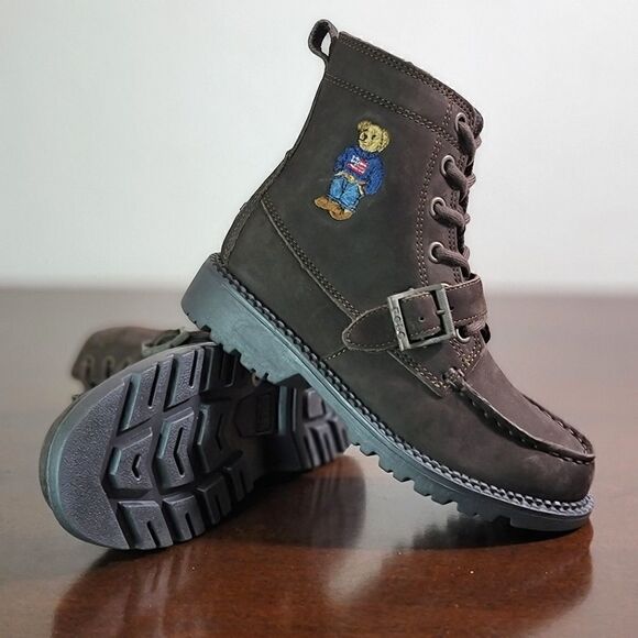 Polo Ralph Lauren Bear Leather Suede Brown Ranger Combat Boots Kids Sizes New - Picture 1 of 11